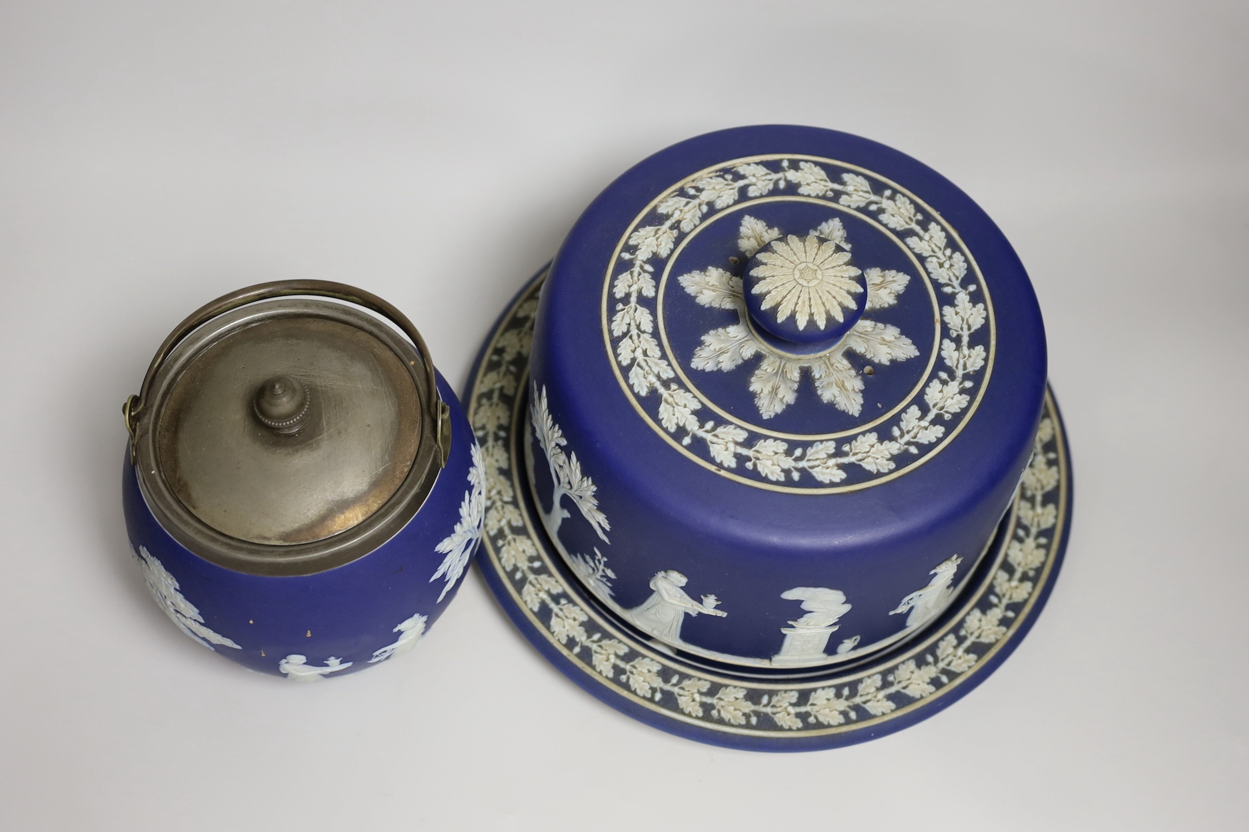 A Wedgwood jasper ware cheese dome and biscuit barrel